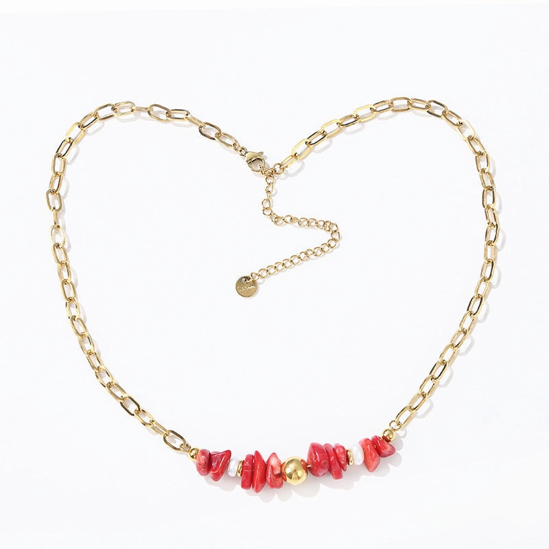 Wholesale of Pine Stone Orchid Red Stone, Freshwater Pearl Clavicle Stainless Steel Necklace