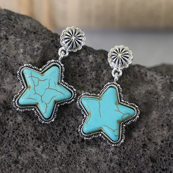 Wholesale of Western Fengda Five-point Star Turquoise Alloy Earrings