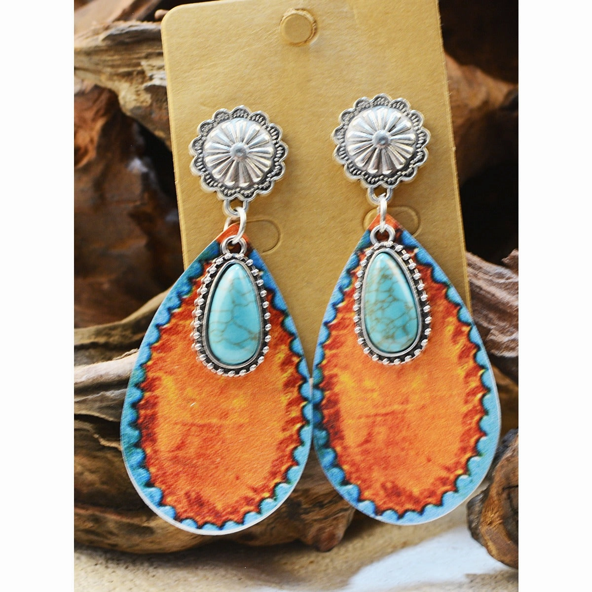 Wholesale of Western Wind Cow Pattern Turquoise Alloy Horseshoe Leopard Pattern Cross Leather Earrings