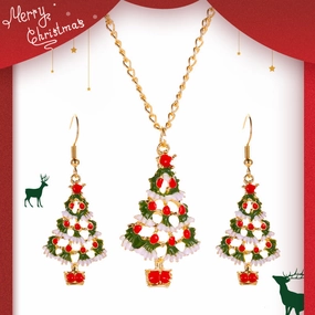 Wholesale Oil Dripping Christmas Tree Alloy Necklace and Earrings Set