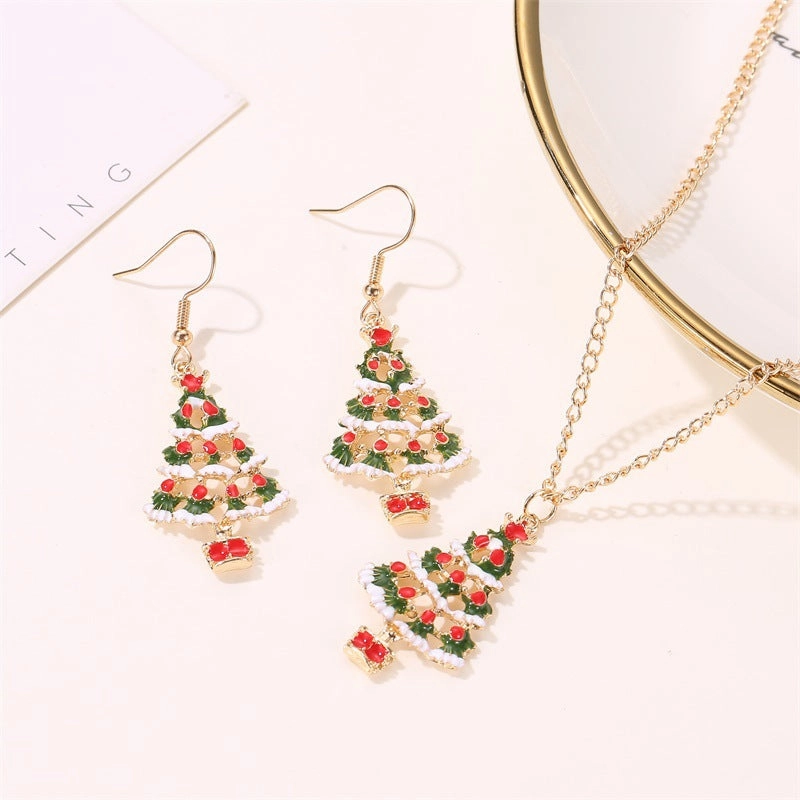 Wholesale Oil Dripping Christmas Tree Alloy Necklace and Earrings Set