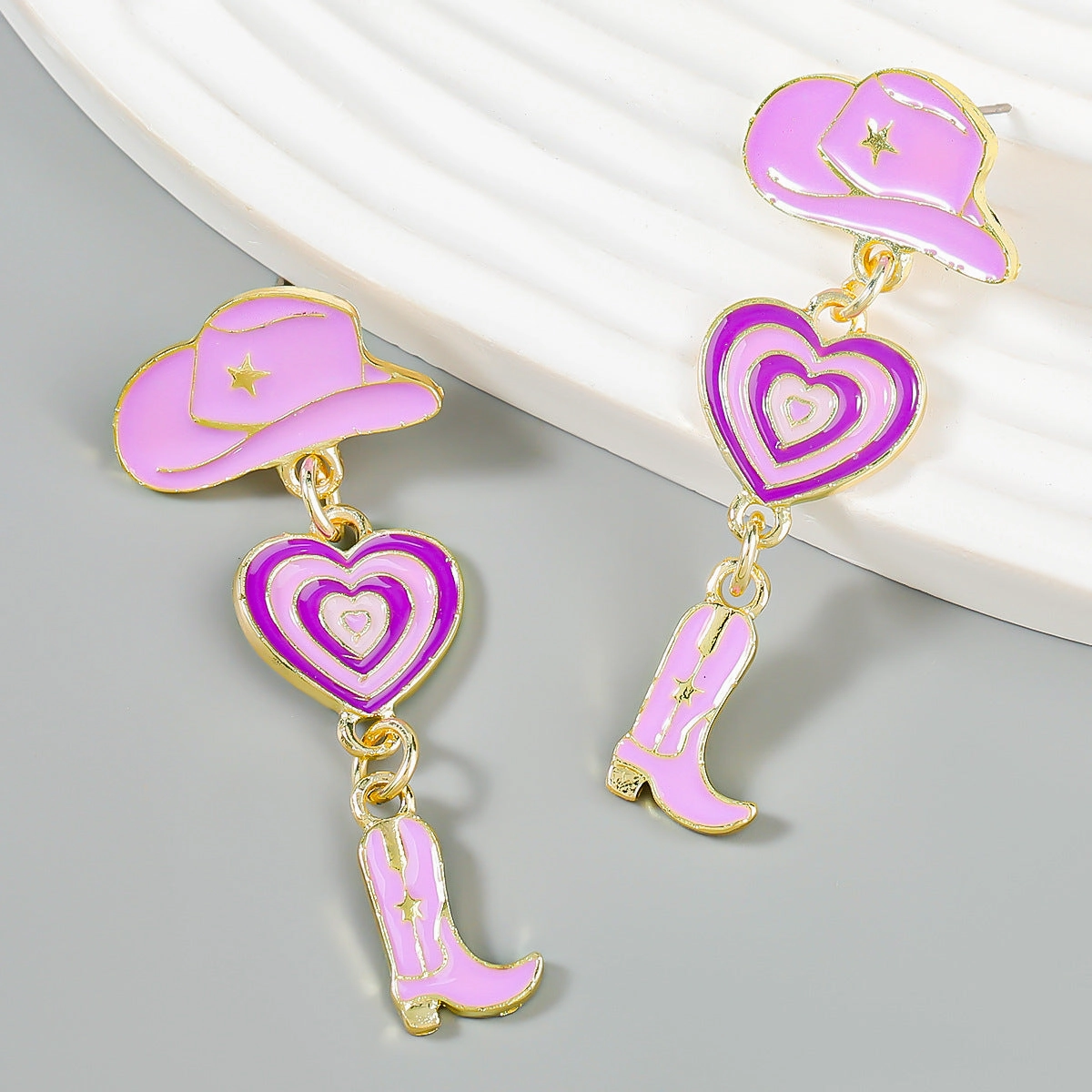 Wholesale Oil Dripping Cowboy Hat Boots Heart Alloy Earrings