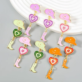 Wholesale Oil Dripping Cowboy Hat Boots Heart Alloy Earrings