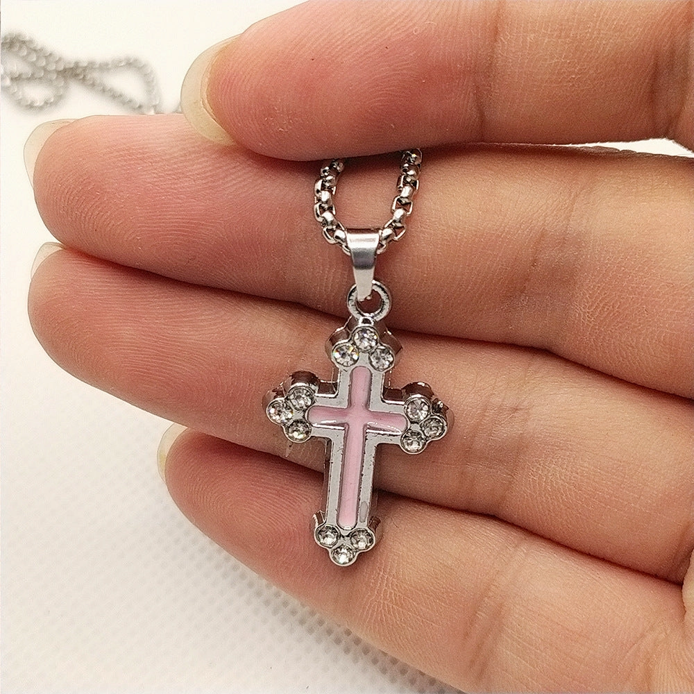 Wholesale Oil Dripping Hollow Cross Diamond Alloy Necklace