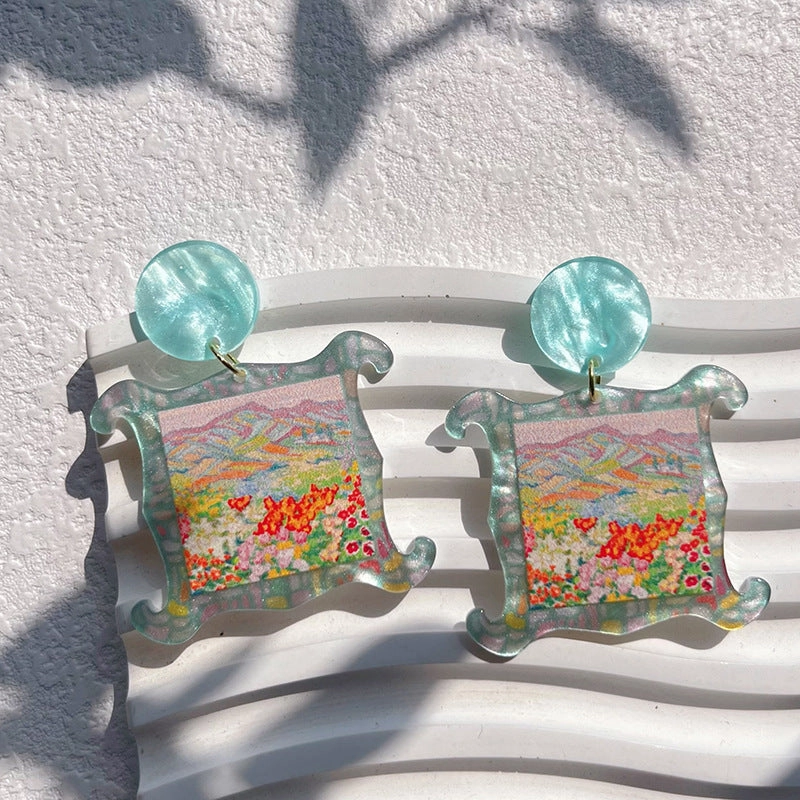 Wholesale Oil Painting Style Color Printed Floral Acrylic Earrings