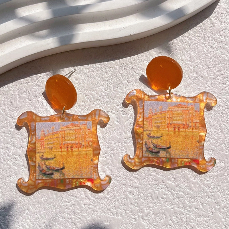 Wholesale Oil Painting Style Color Printed Floral Acrylic Earrings