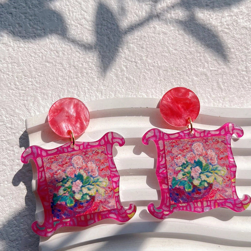 Wholesale Oil Painting Style Color Printed Floral Acrylic Earrings