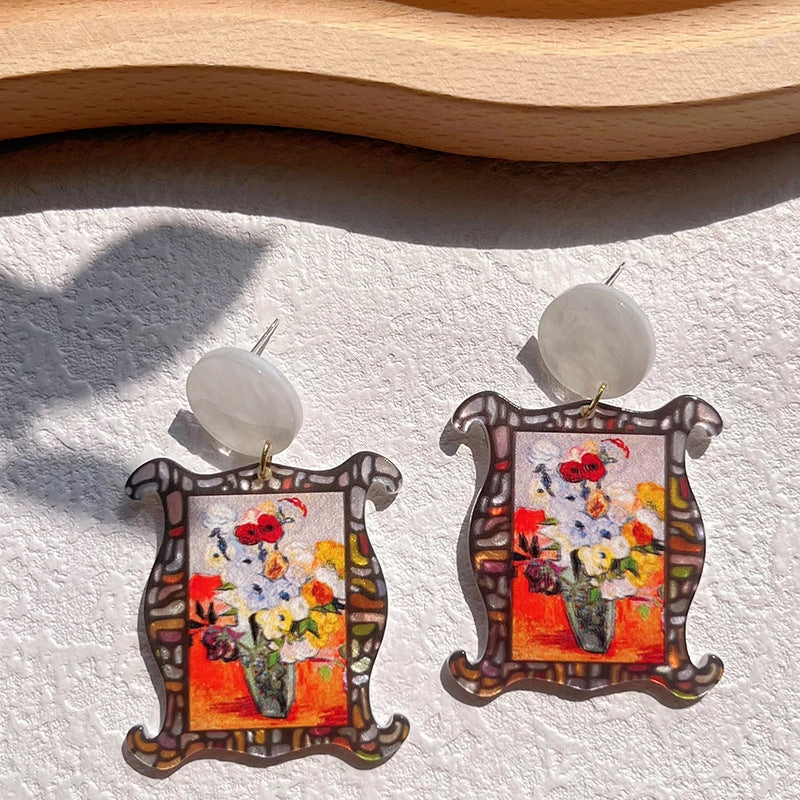 Wholesale Oil Painting Style Color Printed Floral Acrylic Earrings