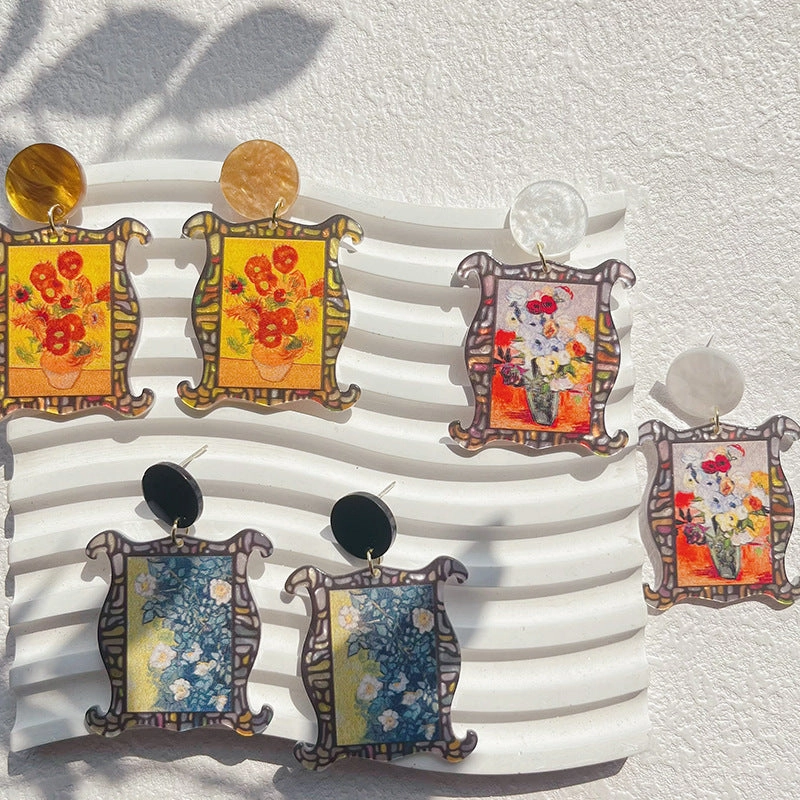 Wholesale Oil Painting Style Color Printed Floral Acrylic Earrings
