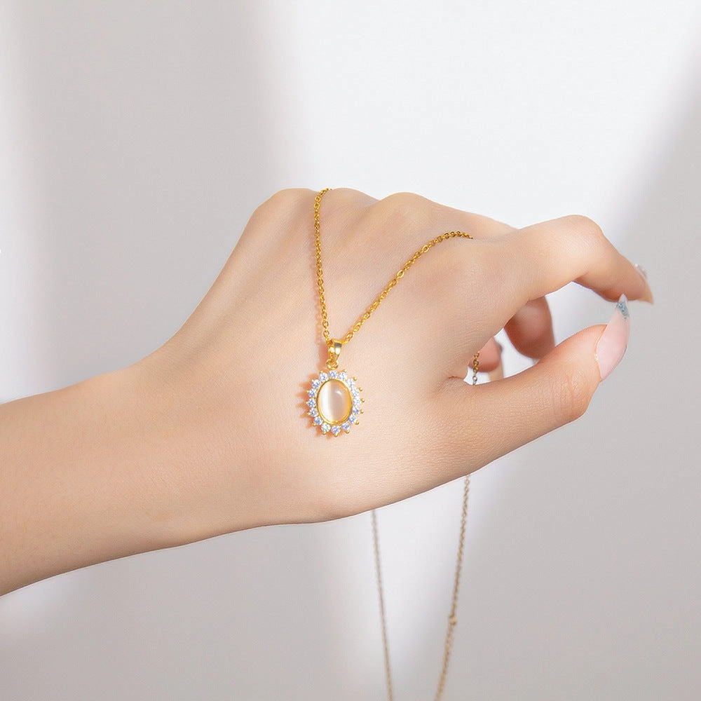 Wholesale Opal Flower Titanium Steel Zircon Pendant Necklaces