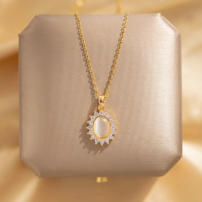 Wholesale Opal Flower Titanium Steel Zircon Pendant Necklaces