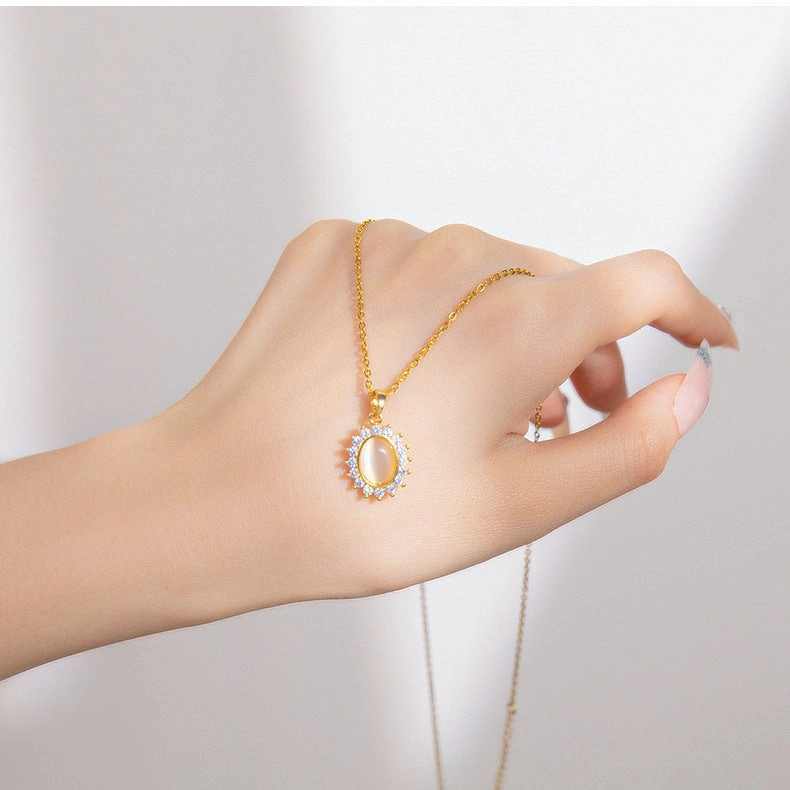 Wholesale Opal Flower Titanium Steel Zircon Pendant Necklaces