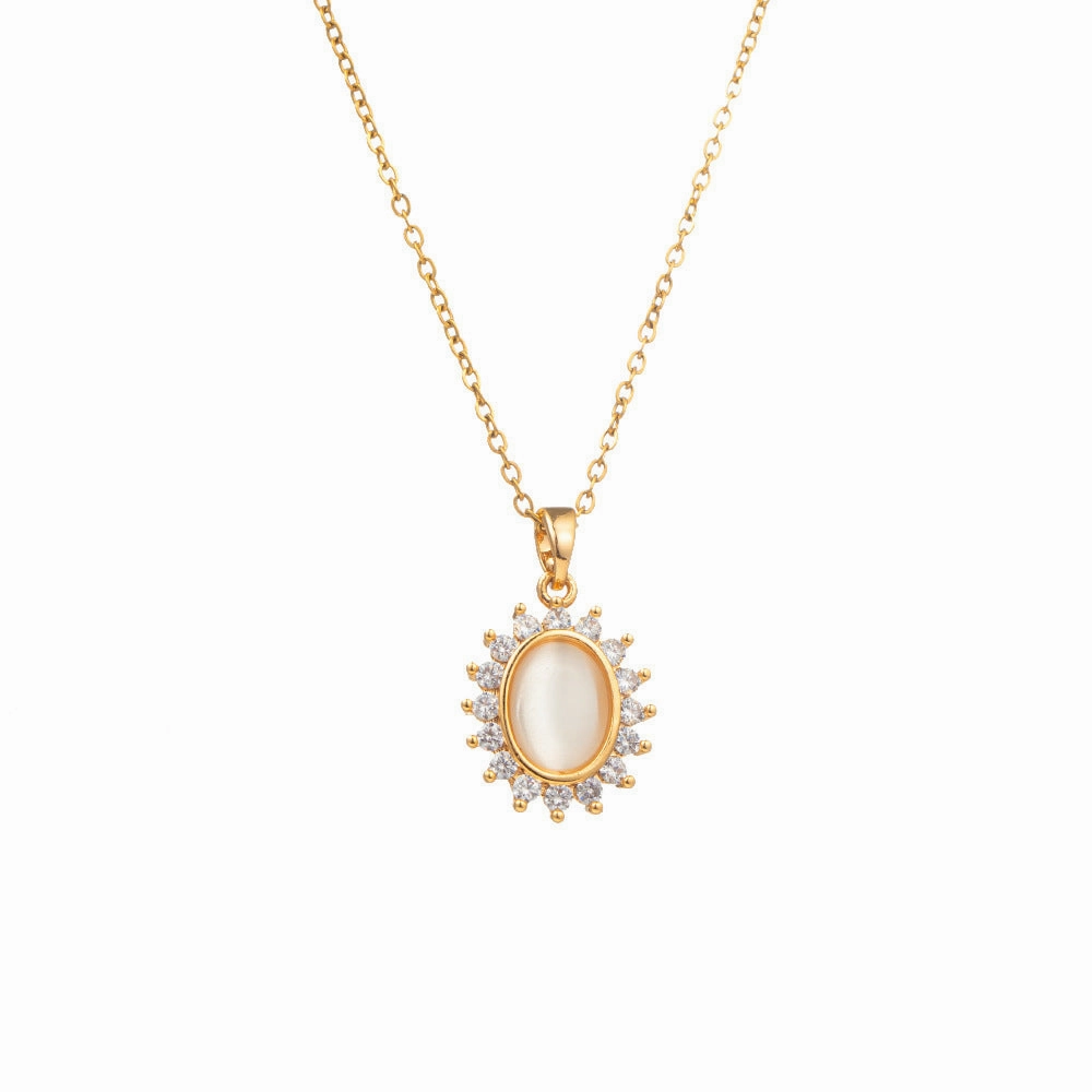 Wholesale Opal Flower Titanium Steel Zircon Pendant Necklaces