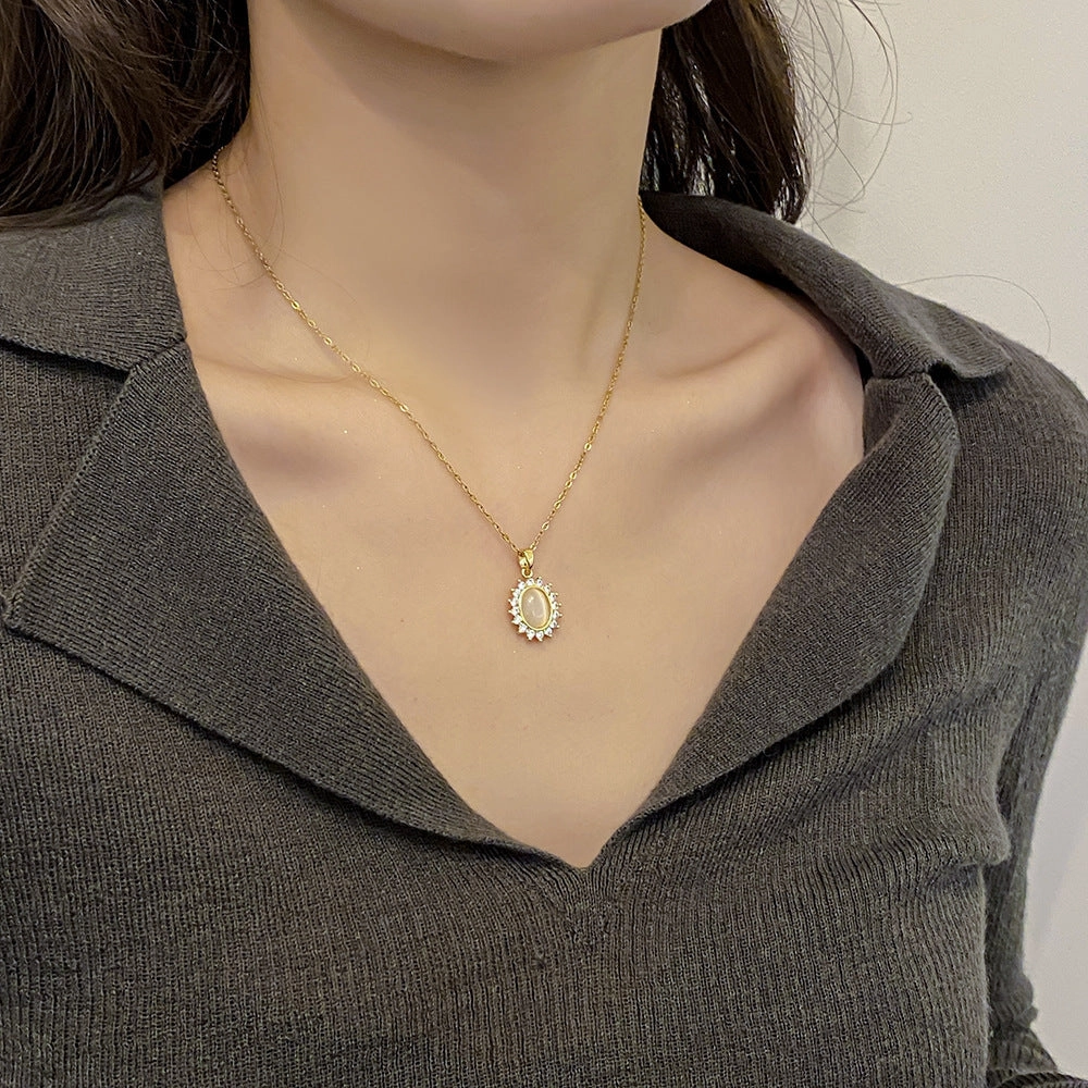 Wholesale Opal Flower Titanium Steel Zircon Pendant Necklaces