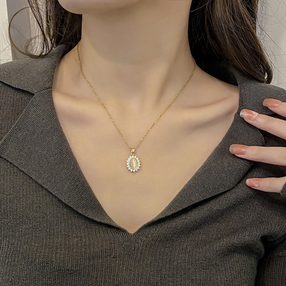 Wholesale Opal Flower Titanium Steel Zircon Pendant Necklaces