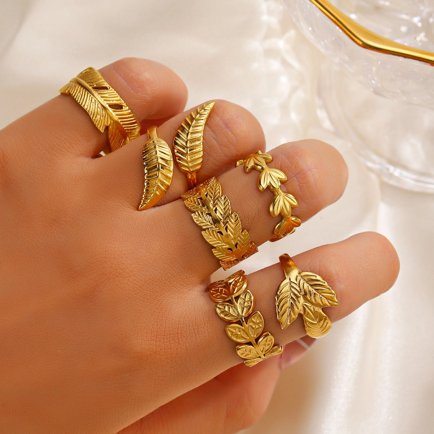Wholesale Open Adjustable Leaf Gold Stainless Steel Ring