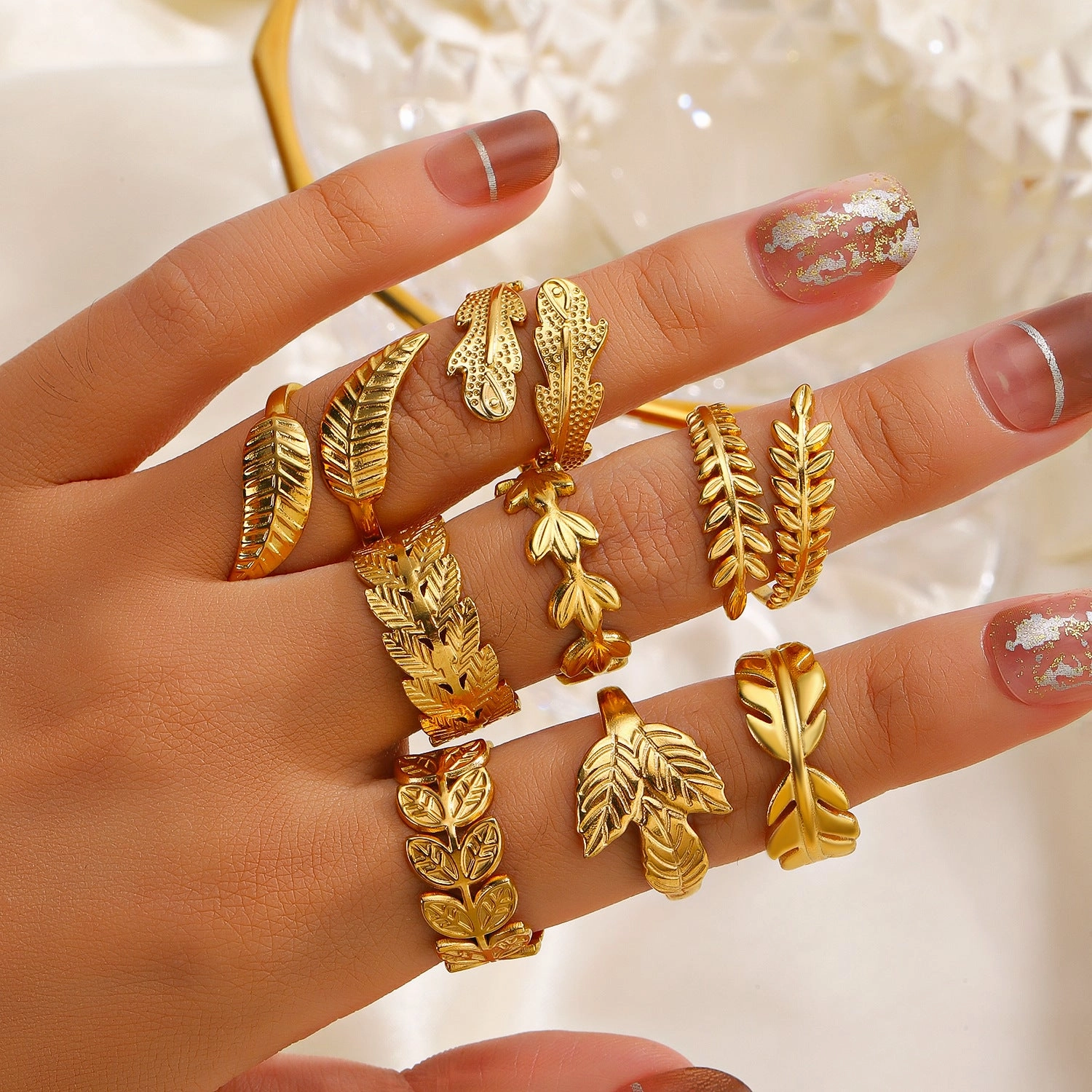 Wholesale Open Adjustable Leaf Gold Stainless Steel Ring