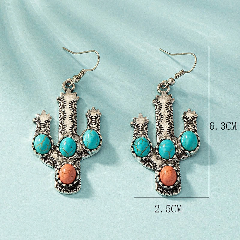 Wholesale Oval Turquoise Cactus Alloy Earrings