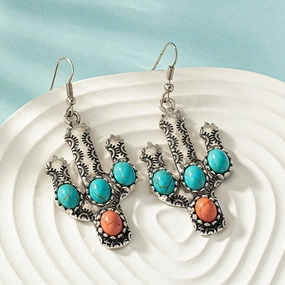 Wholesale Oval Turquoise Cactus Alloy Earrings