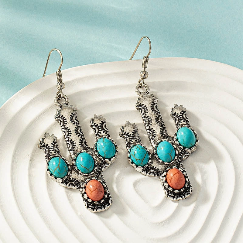 Wholesale Oval Turquoise Cactus Alloy Earrings