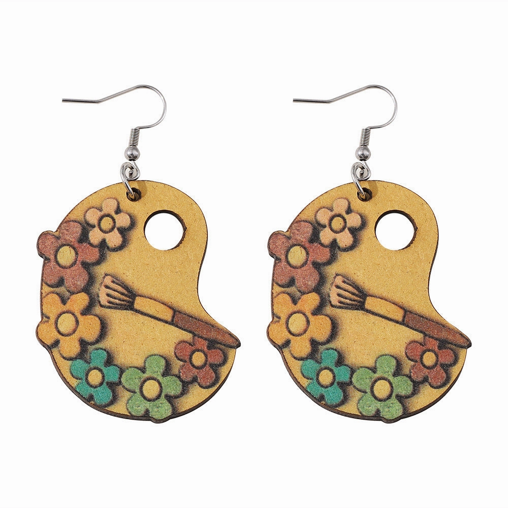 Wholesale paint tray brush painting small daisy flowers double sided wooden earrings