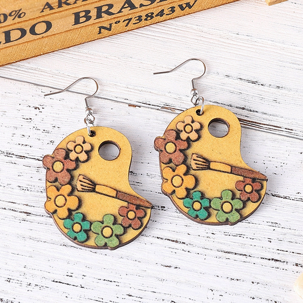 Wholesale paint tray brush painting small daisy flowers double sided wooden earrings