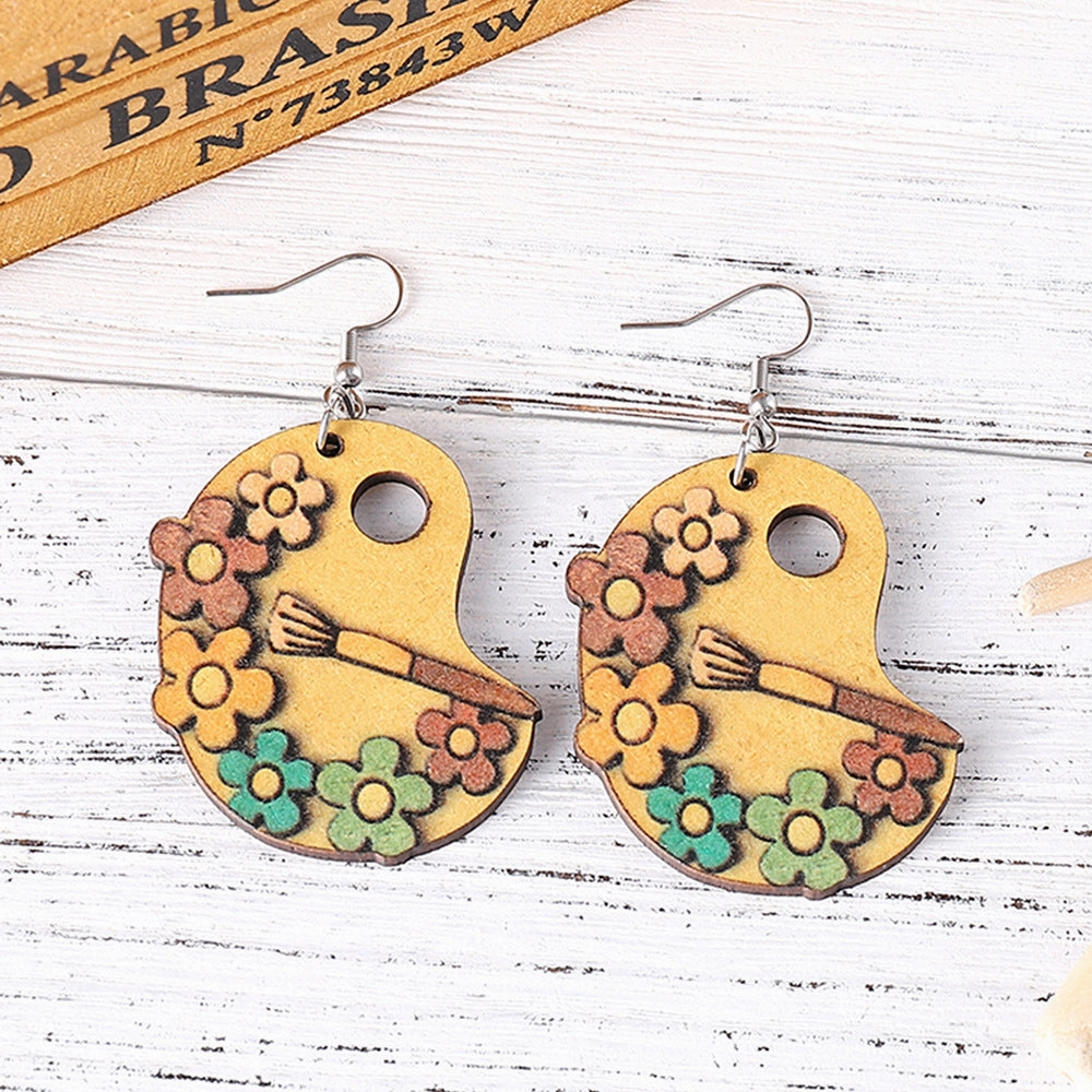 Wholesale paint tray brush painting small daisy flowers double sided wooden earrings