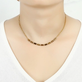 Wholesale Paper Clip Chain Tiger Eye Blue Gold Stone Stainless Steel Neckplaces