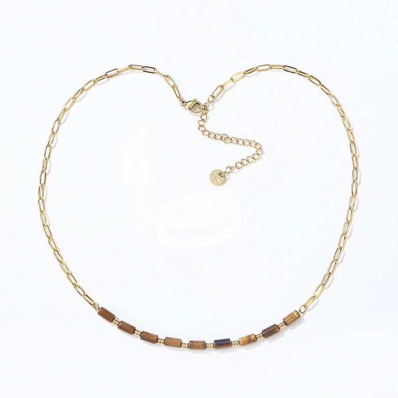 Wholesale Paper Clip Chain Tiger Eye Blue Gold Stone Stainless Steel Neckplaces
