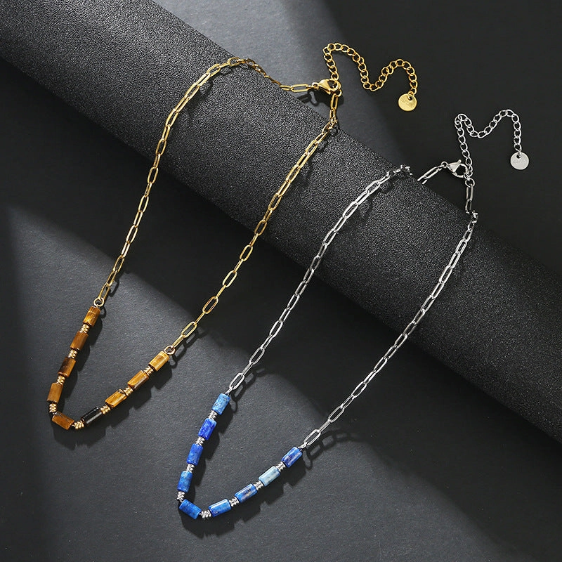 Wholesale Paper Clip Chain Tiger Eye Blue Gold Stone Stainless Steel Neckplaces
