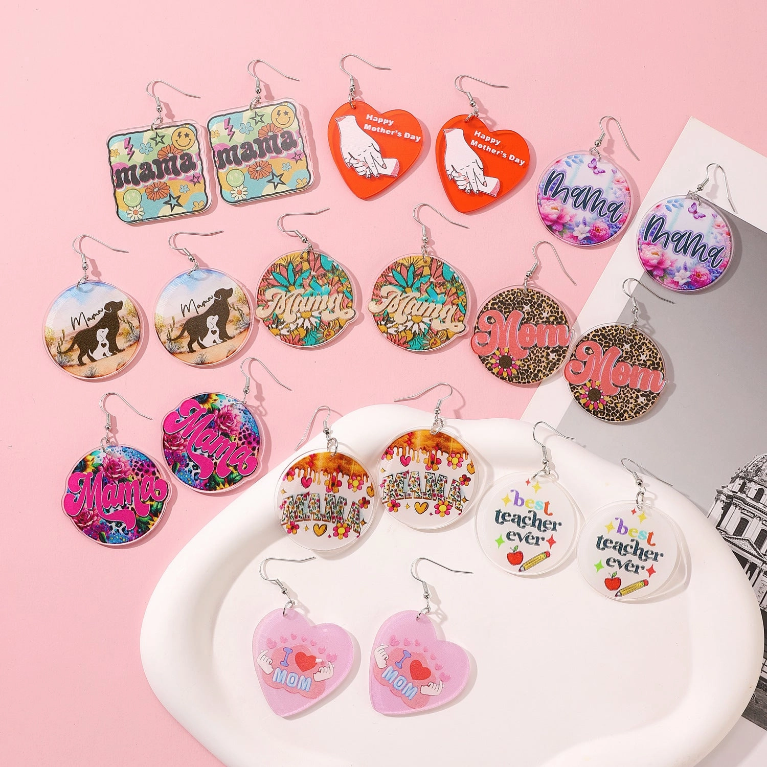Wholesale Pastoral color letter MAMA acrylic earrings