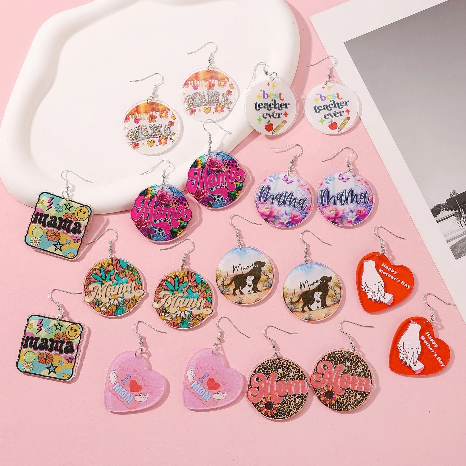Wholesale Pastoral color letter MAMA acrylic earrings
