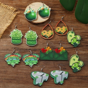 Wholesale Patrick's Day Four Leaf Clover Apple Water Drop Hollow Heart Wooden Earrings