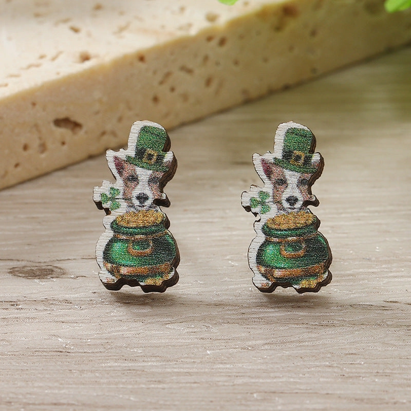 Wholesale Patrick's Day Four Leaf Clover Cartoon Wooden Earrings