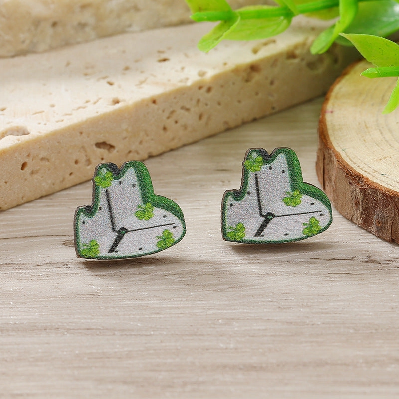 Wholesale Patrick's Day Four Leaf Clover Cartoon Wooden Earrings