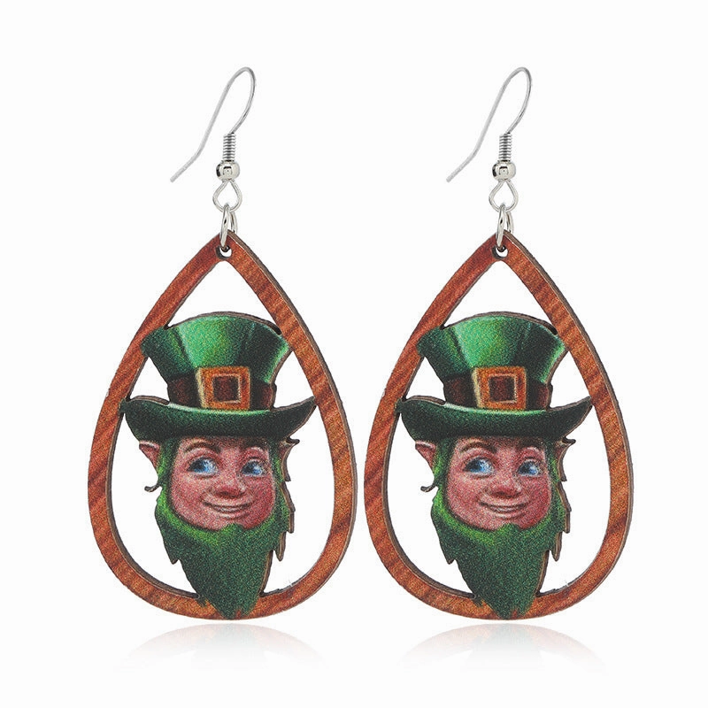Wholesale Patrick's Day Four Leaf Clover Cartoon Wooden Earrings