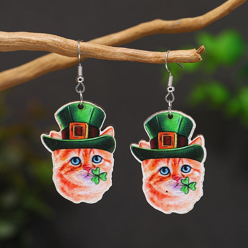 Wholesale Patrick's Day Four Leaf Clover Cartoon Wooden Earrings