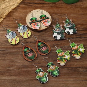 Wholesale Patrick's Day Four Leaf Clover Cartoon Wooden Earrings
