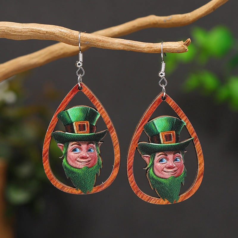 Wholesale Patrick's Day Four Leaf Clover Cartoon Wooden Earrings