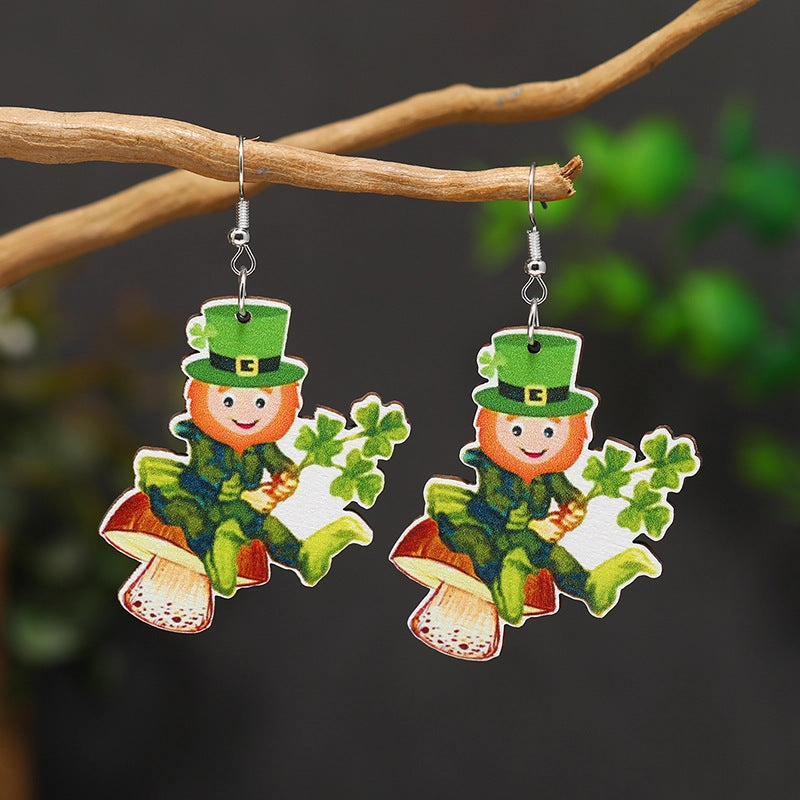 Wholesale Patrick's Day Four Leaf Clover Cartoon Wooden Earrings
