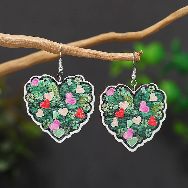 Wholesale Patrick's Day Four Leaf Clover Heart Owl Wooden Earrings