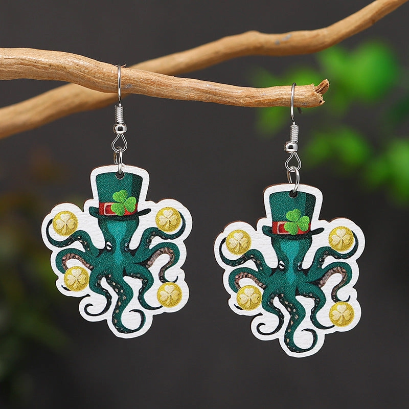 Wholesale Patrick's Day Four Leaf Clover Heart Owl Wooden Earrings