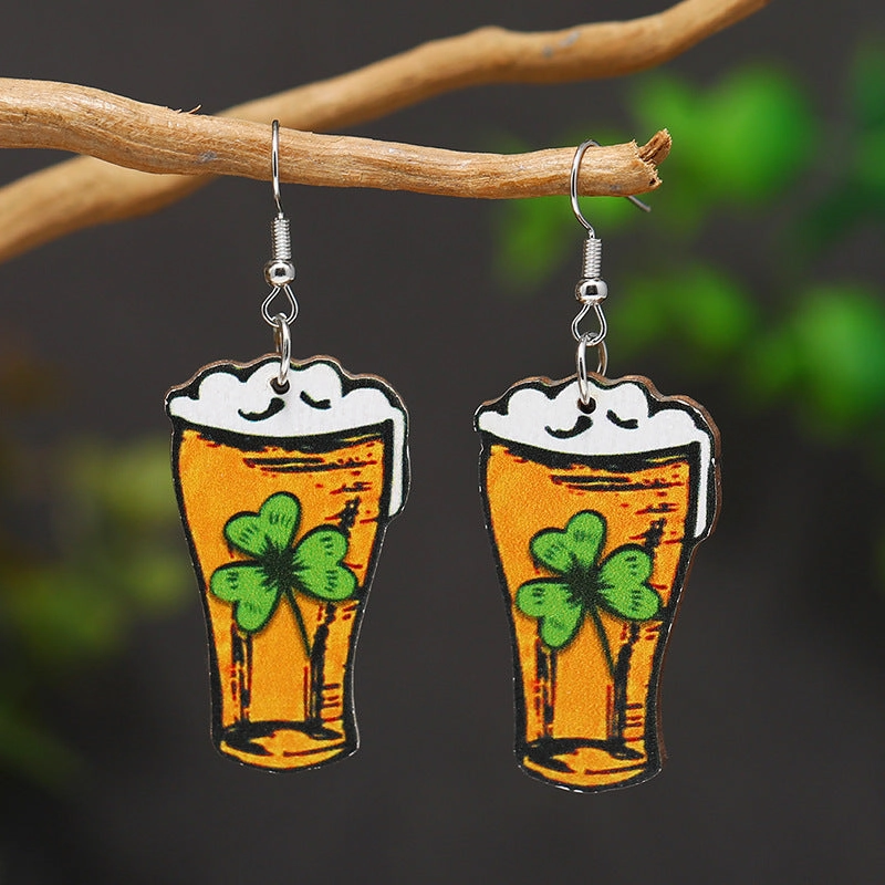 Wholesale Patrick's Day Four Leaf Clover Heart Owl Wooden Earrings