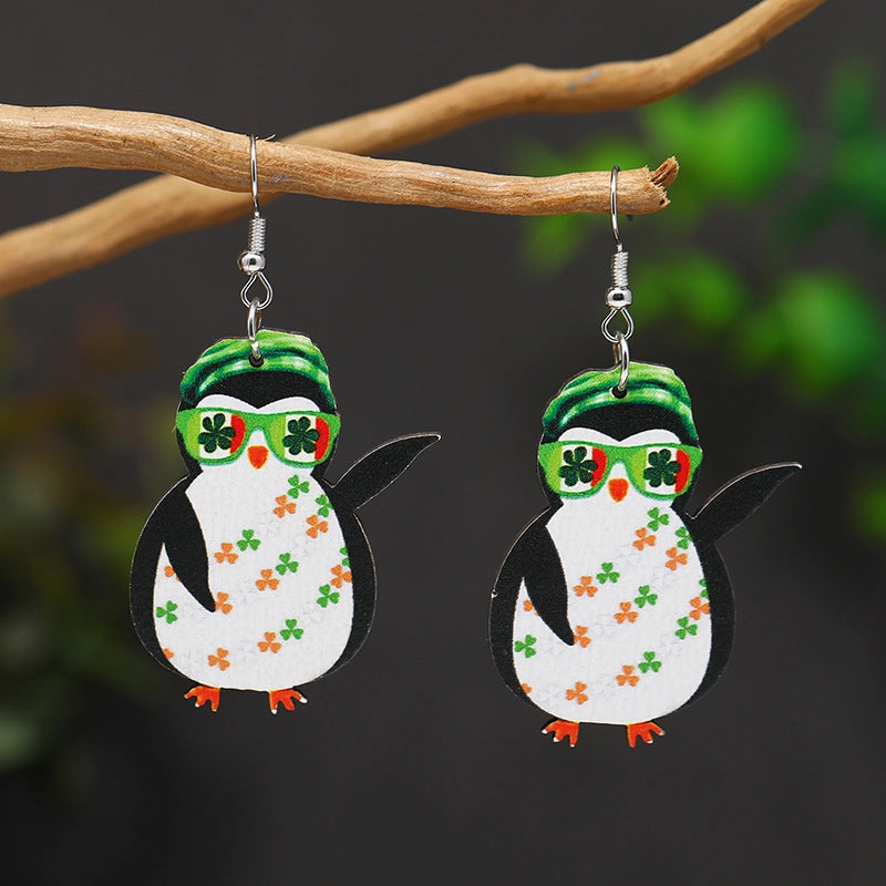 Wholesale Patrick's Day Four Leaf Clover Heart Owl Wooden Earrings