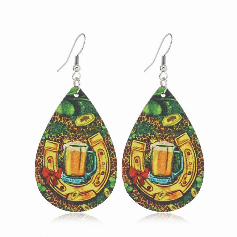 Wholesale Patrick's Day Four Leaf Clover Water Drop Wooden Earrings