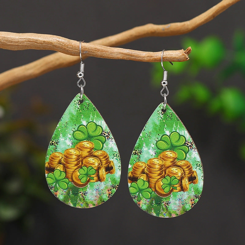 Wholesale Patrick's Day Four Leaf Clover Water Drop Wooden Earrings