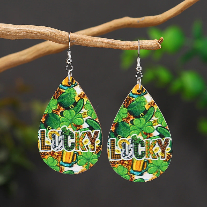 Wholesale Patrick's Day Four Leaf Clover Water Drop Wooden Earrings