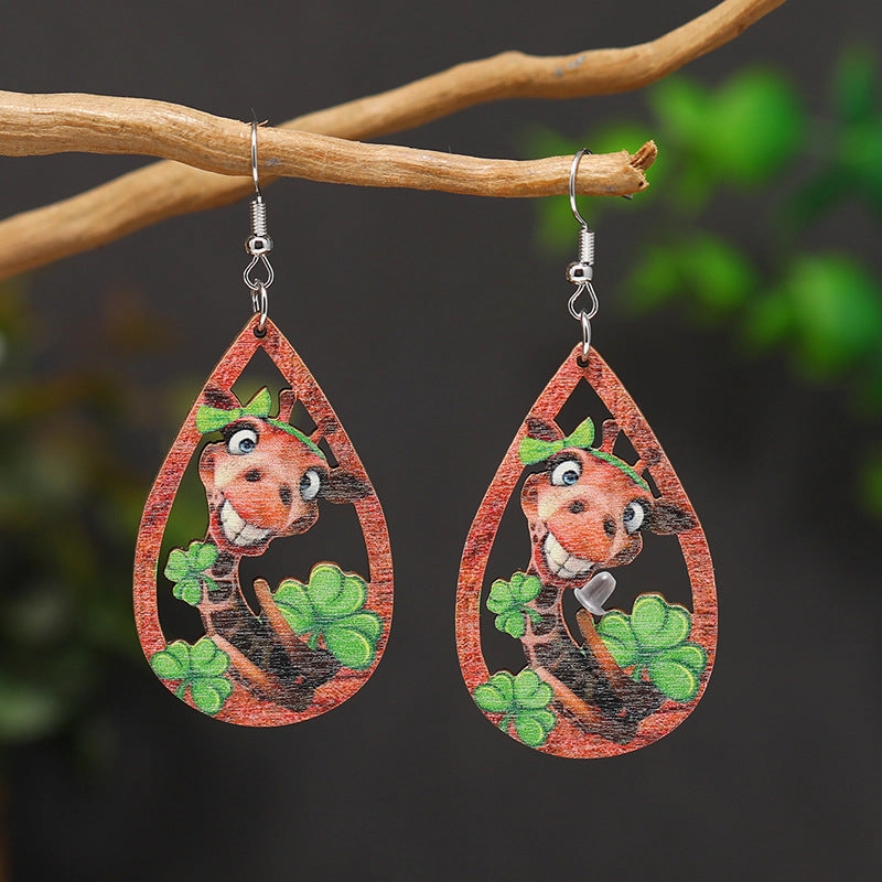 Wholesale Patrick's Day Four Leaf Clover Water Drop Wooden Earrings