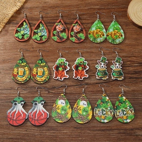 Wholesale Patrick's Day Four Leaf Clover Water Drop Wooden Earrings
