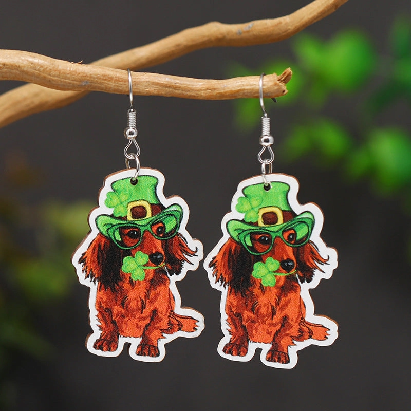 Wholesale Patrick's Day Four Leaf Clover Water Drop Wooden Earrings